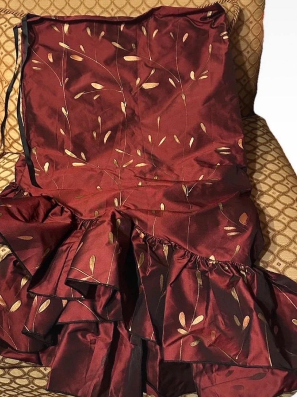Damsel in this Dress Burgundy Red with Gold Leaf pattern Ruffle Skirt Renfaire